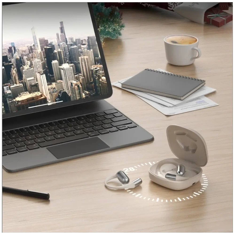 Bezprzewodowe słuchawki Open-Ear 4smarts SkyBuds OWS Bluetooth 5.4 z ekranem AI beżowy