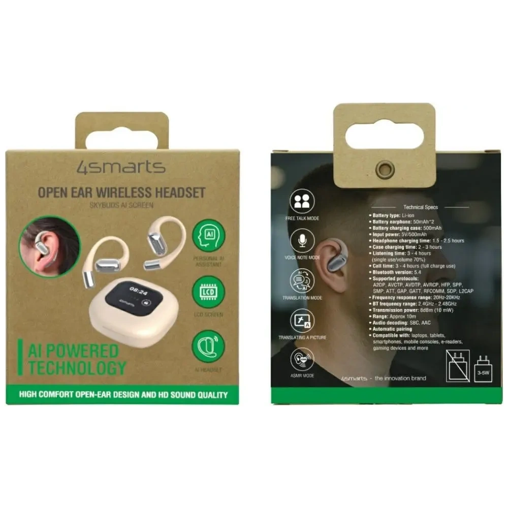Bezprzewodowe słuchawki Open-Ear 4smarts SkyBuds OWS Bluetooth 5.4 z ekranem AI beżowy