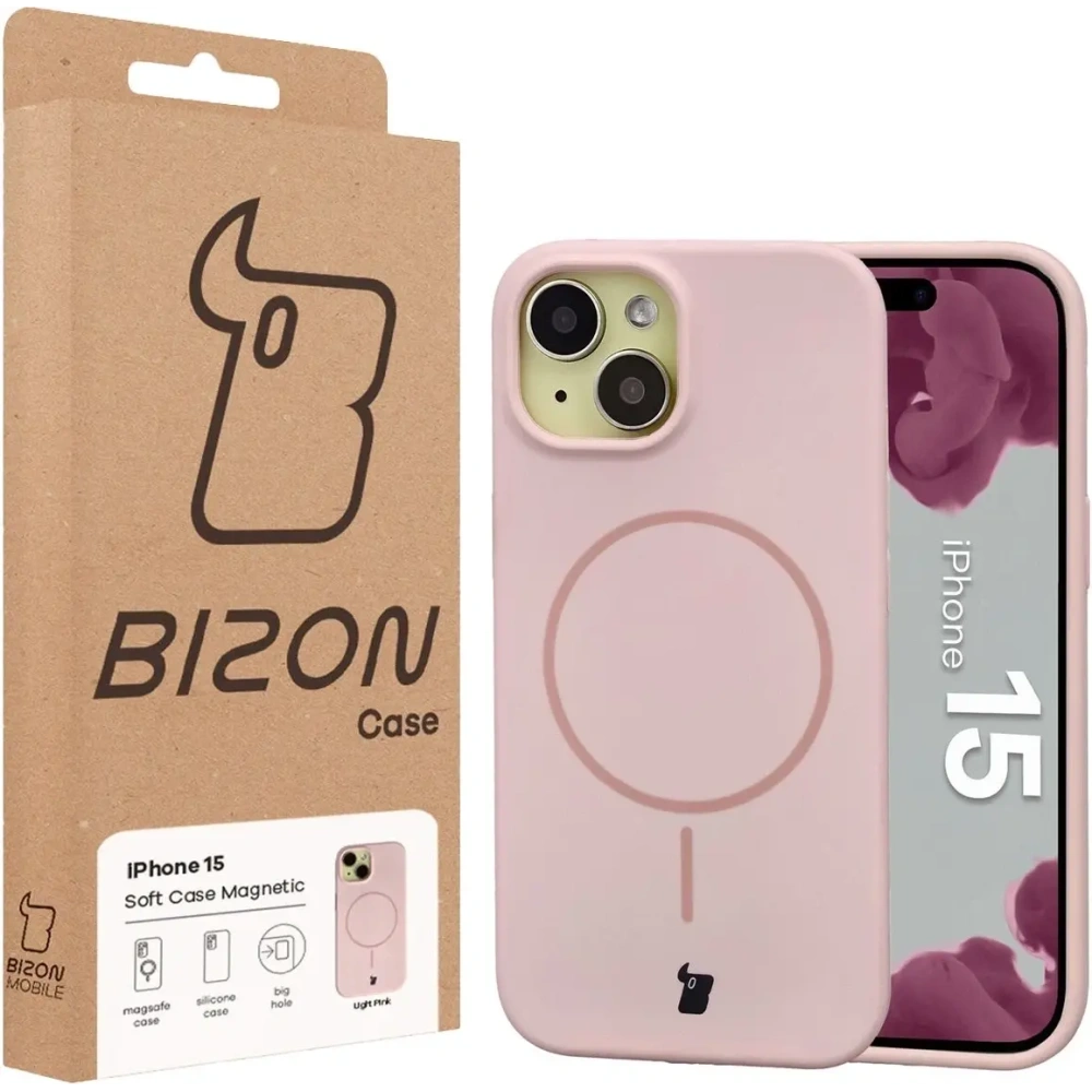 Silikonowe etui z pierścieniem magnetycznym Bizon Soft Case Magnetic do Apple iPhone 15 jasnoróżowe