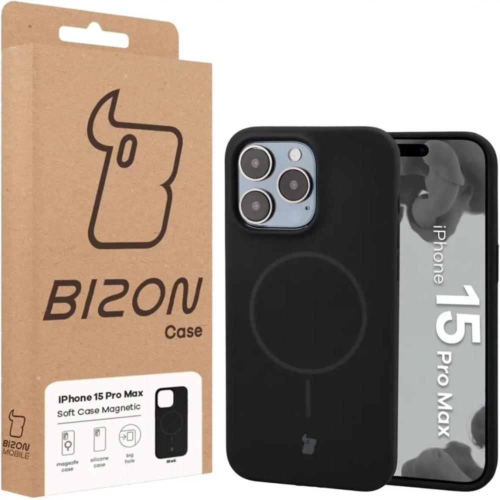 Silikonowe etui z pierścieniem magnetycznym Bizon Soft Case Magnetic do Apple iPhone 15 Pro Max czarne