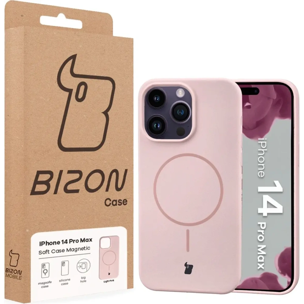 Silikonowe etui z pierścieniem magnetycznym Bizon Soft Case Magnetic do Apple iPhone 14 Pro Max jasnoróżowe