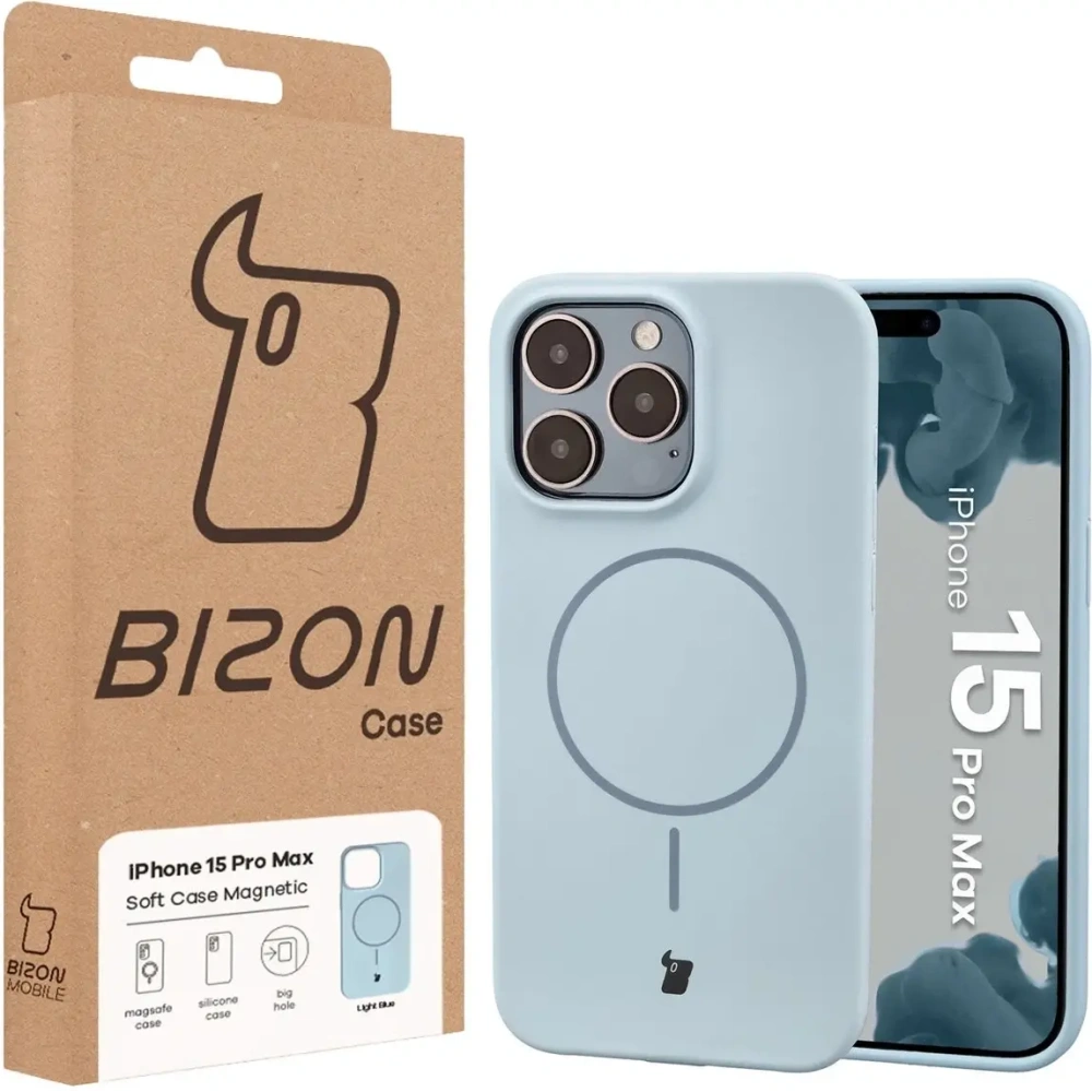 Silikonowe etui z pierścieniem magnetycznym Bizon Soft Case Magnetic do Apple iPhone 15 Pro Max błękitne