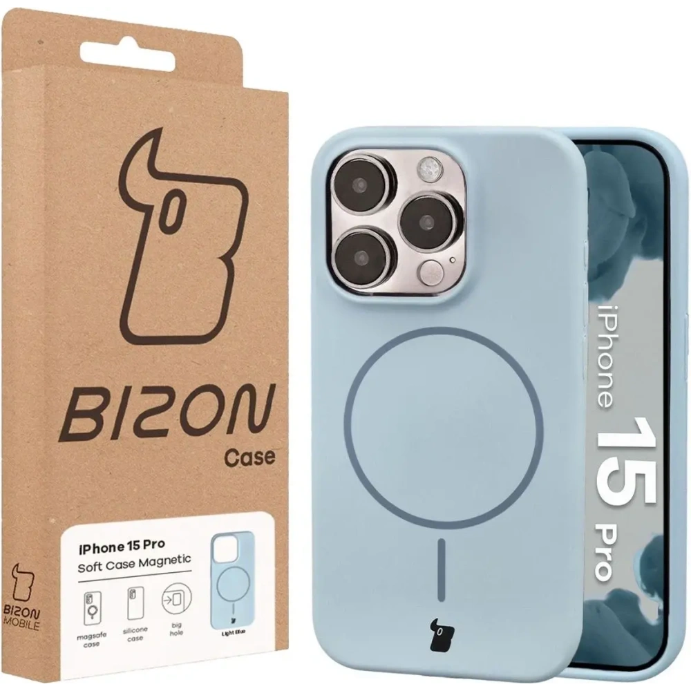 Silikonowe etui z pierścieniem magnetycznym Bizon Soft Case Magnetic do Apple iPhone 15 Pro błękitne
