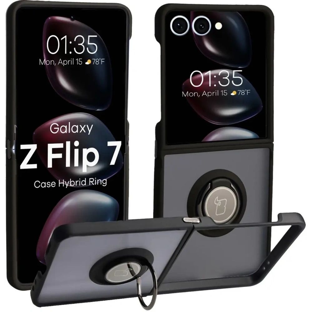 Etui z uchwytem na palec Bizon Case Hybrid Ring do Samsung Galaxy Z Flip7 przydymione z czarną ramką