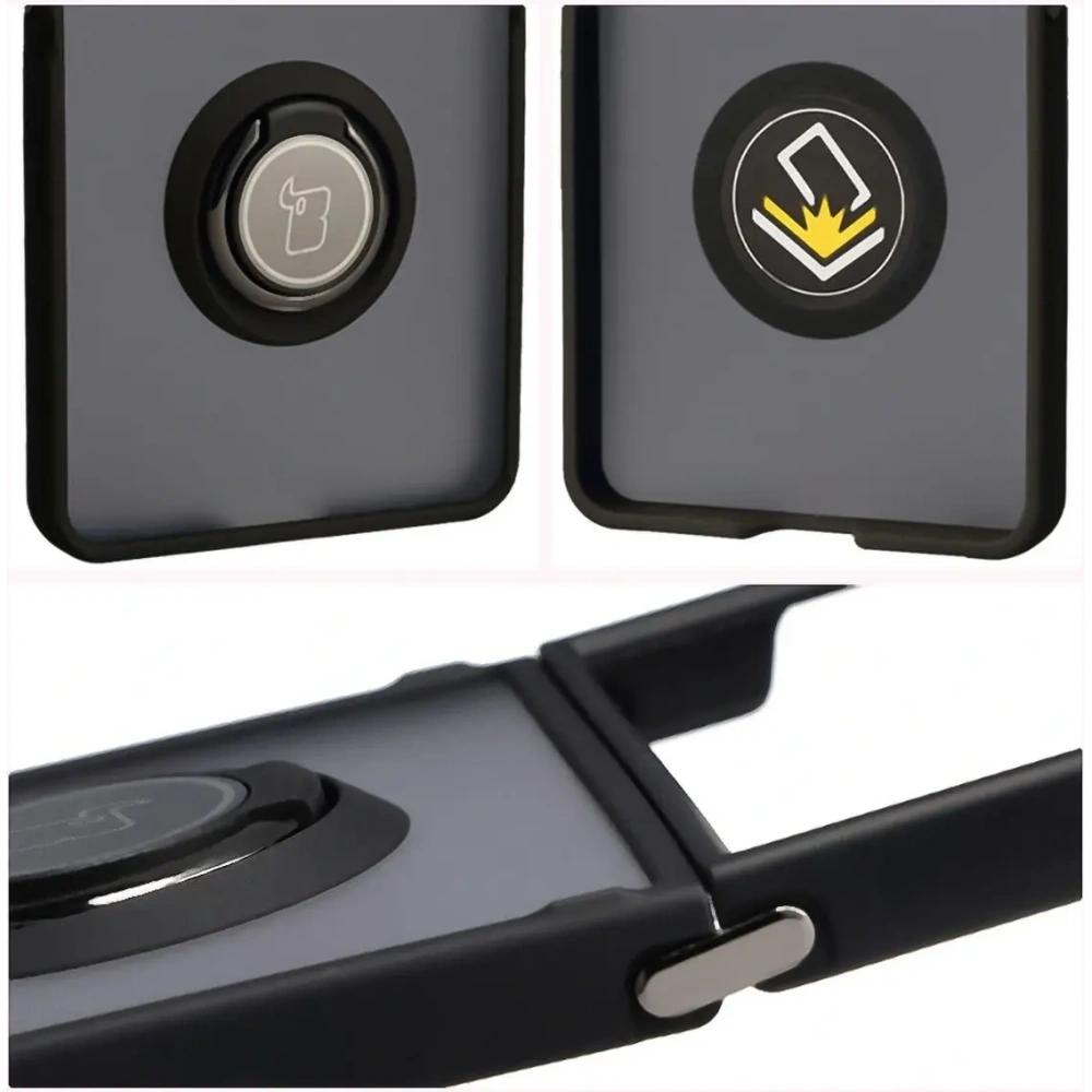 Etui z uchwytem na palec Bizon Case Hybrid Ring do Samsung Galaxy Z Flip7 przydymione z czarną ramką