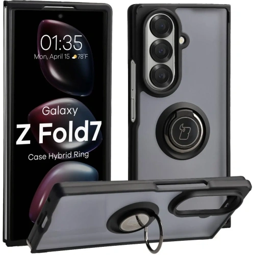 Etui z uchwytem na palec Bizon Case Hybrid Ring do Samsung Galaxy Z Fold7 przydymione z czarną ramką