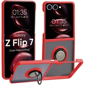 Etui z uchwytem na palec Bizon Case Hybrid Ring do Samsung Galaxy Z Flip7 przydymione z czerwoną ramką