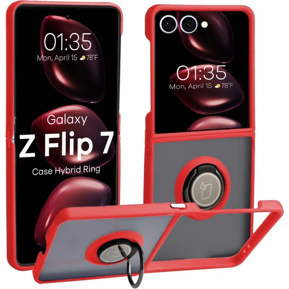 Etui z uchwytem na palec Bizon Case Hybrid Ring do Samsung Galaxy Z Flip7 przydymione z czerwoną ramką