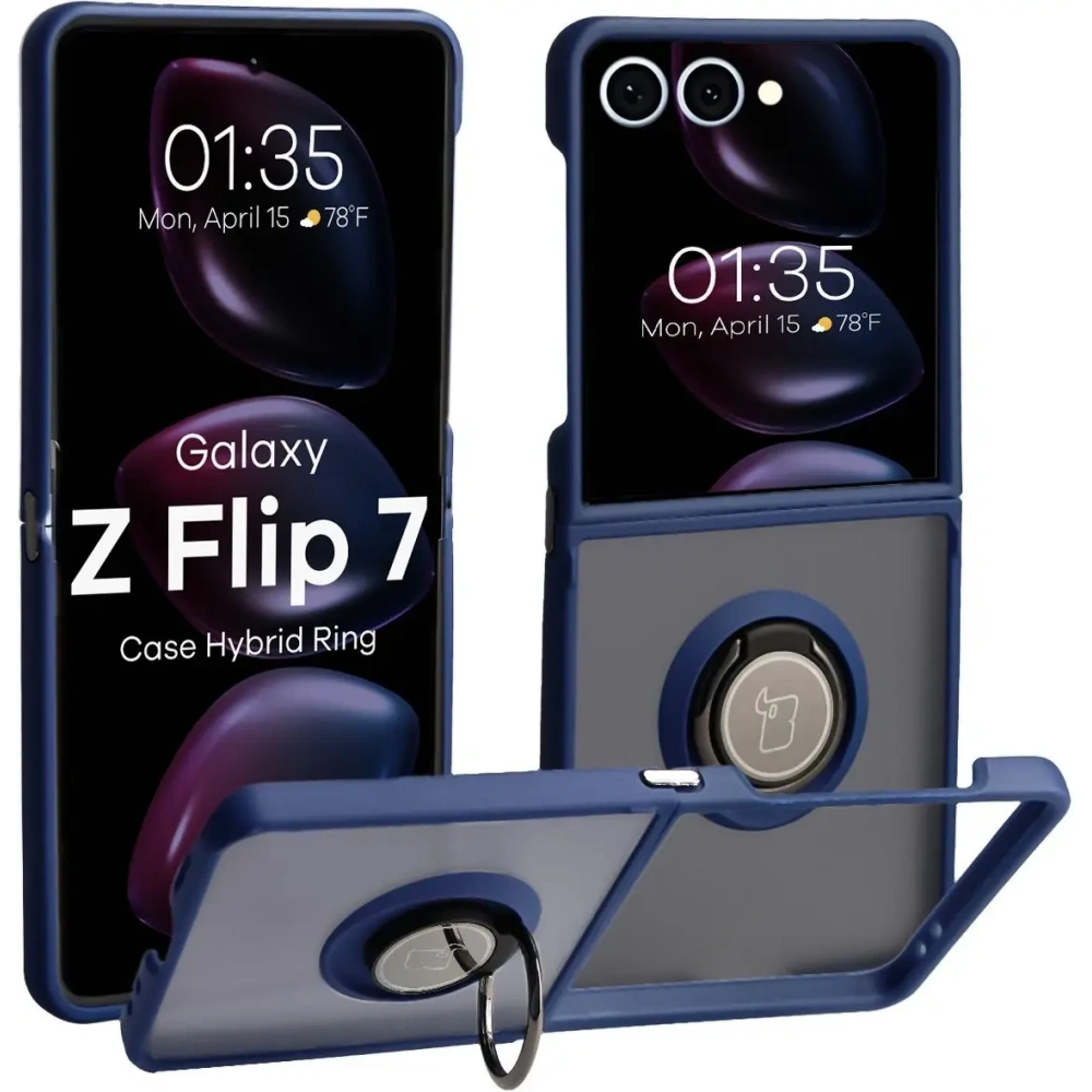 Etui z uchwytem na palec Bizon Case Hybrid Ring do Samsung Galaxy Z Flip7 przydymione z ciemnoniebieską ramką