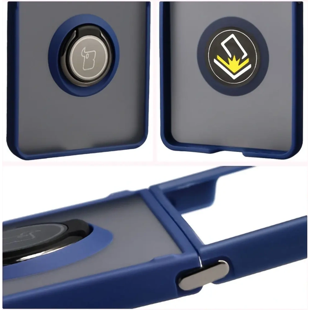 Etui z uchwytem na palec Bizon Case Hybrid Ring do Samsung Galaxy Z Flip7 przydymione z ciemnoniebieską ramką