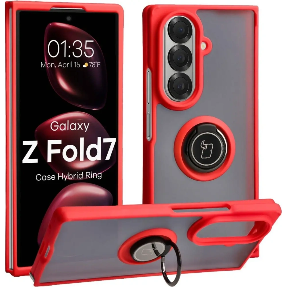 Etui z uchwytem na palec Bizon Case Hybrid Ring do Samsung Galaxy Z Fold7 przydymione z czerwoną ramką