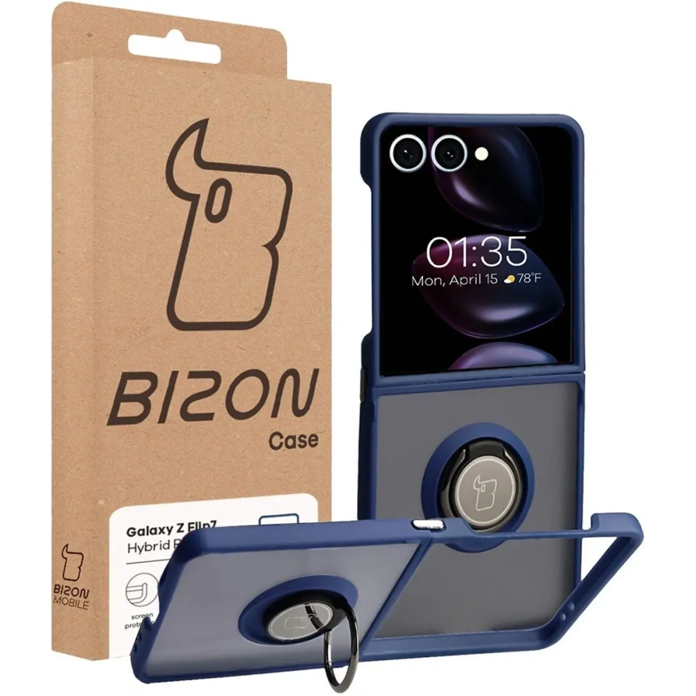 Etui z uchwytem na palec Bizon Case Hybrid Ring do Samsung Galaxy Z Flip7 przydymione z ciemnoniebieską ramką
