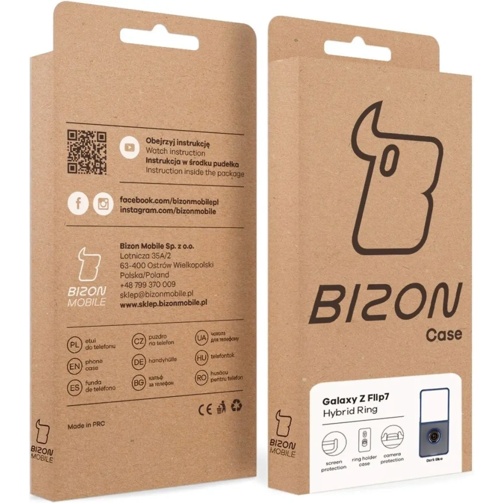 Etui z uchwytem na palec Bizon Case Hybrid Ring do Samsung Galaxy Z Flip7 przydymione z ciemnoniebieską ramką