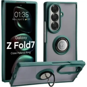 Etui z uchwytem na palec Bizon Case Hybrid Ring do Samsung Galaxy Z Fold7 przydymione z ciemnozieloną ramką