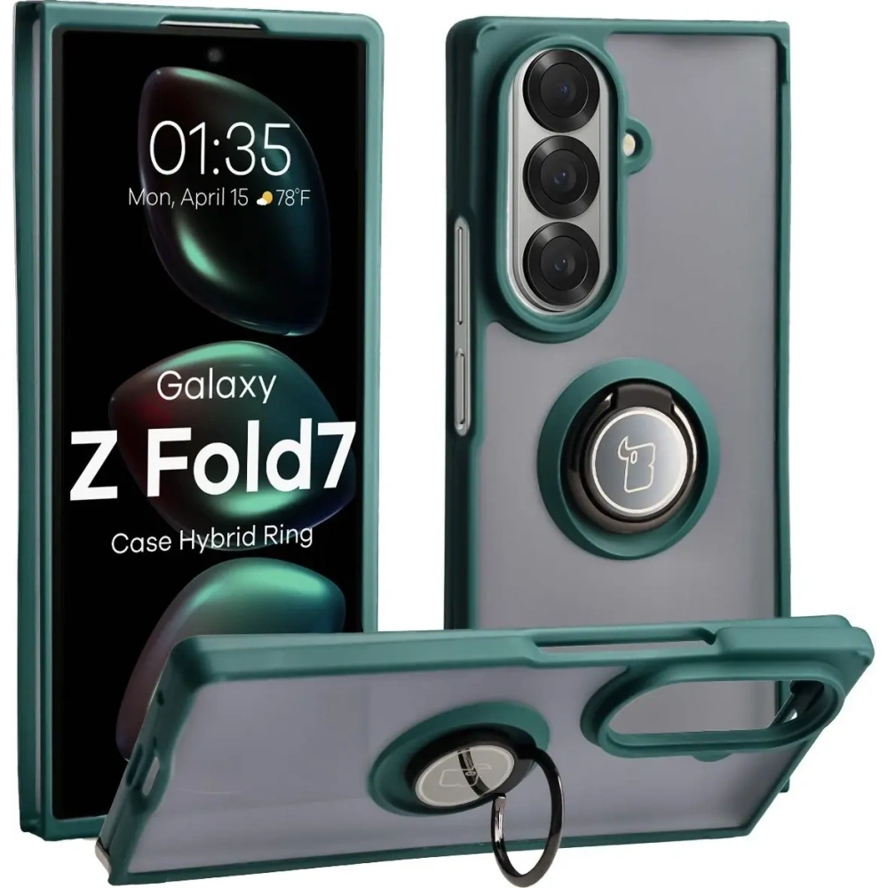 Etui z uchwytem na palec Bizon Case Hybrid Ring do Samsung Galaxy Z Fold7 przydymione z ciemnozieloną ramką