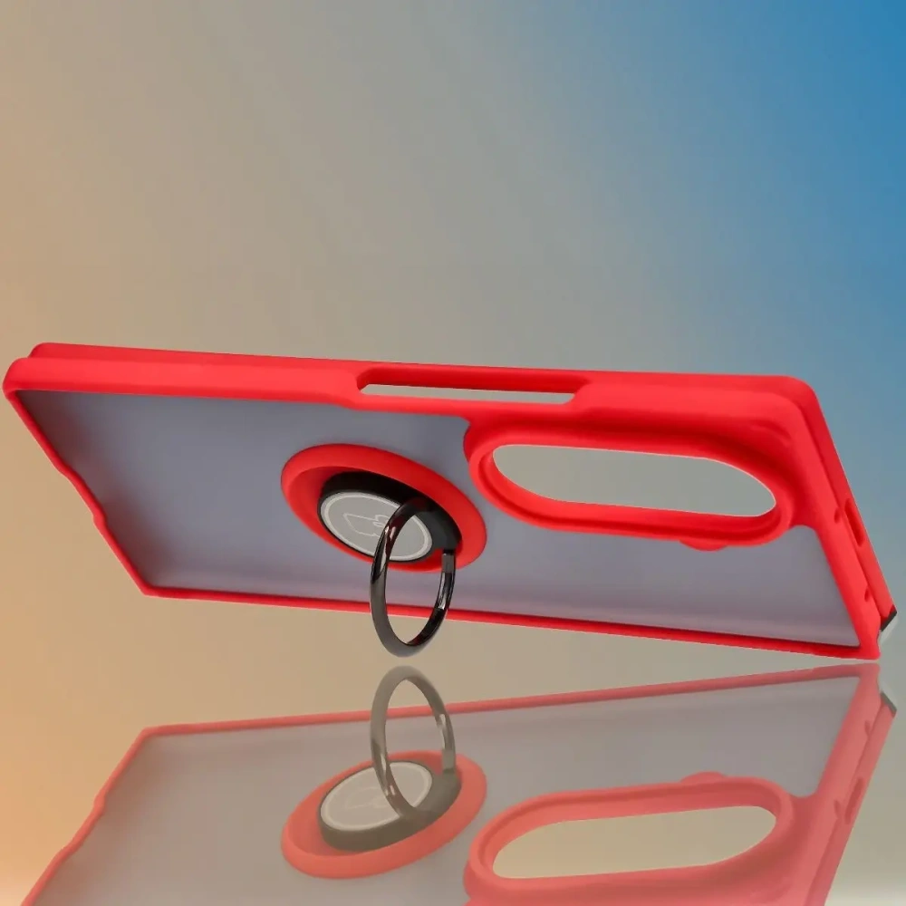 Etui z uchwytem na palec Bizon Case Hybrid Ring do Samsung Galaxy Z Fold7 przydymione z czerwoną ramką
