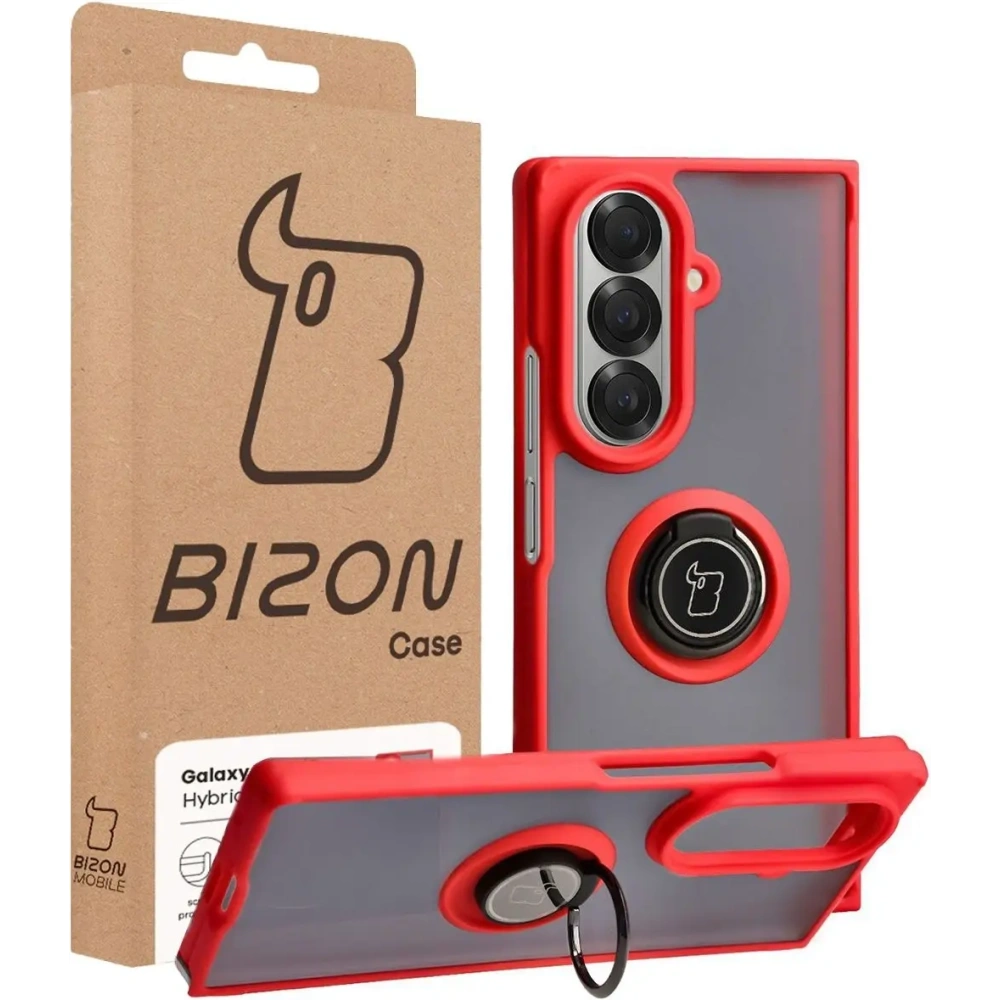 Etui z uchwytem na palec Bizon Case Hybrid Ring do Samsung Galaxy Z Fold7 przydymione z czerwoną ramką