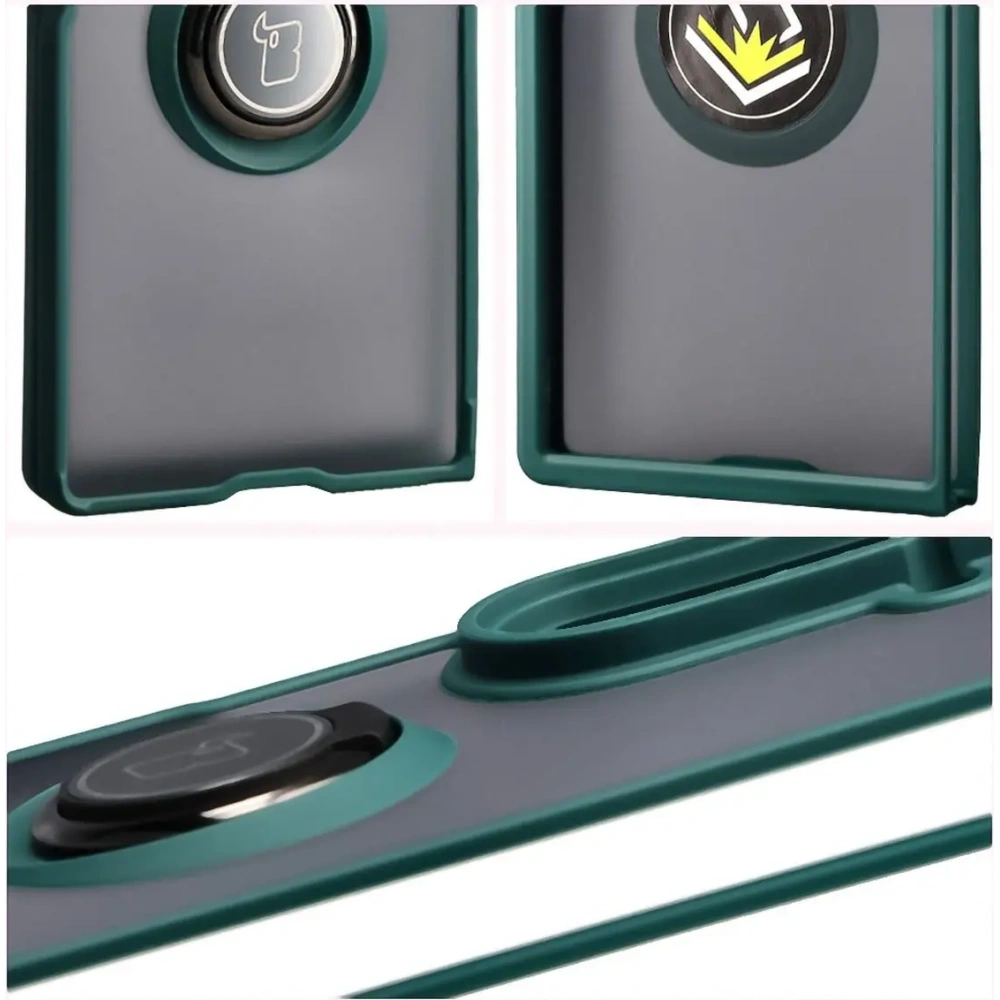Etui z uchwytem na palec Bizon Case Hybrid Ring do Samsung Galaxy Z Fold7 przydymione z ciemnozieloną ramką