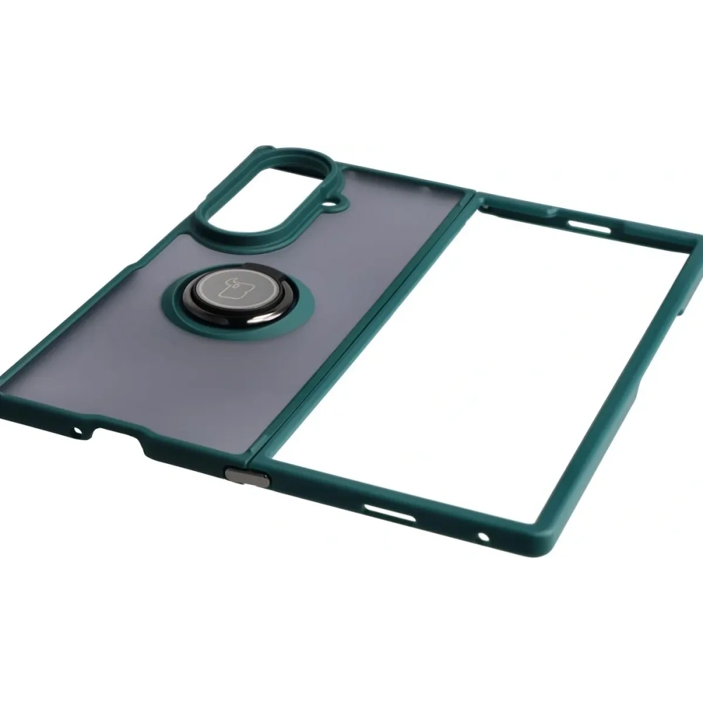 Etui z uchwytem na palec Bizon Case Hybrid Ring do Samsung Galaxy Z Fold7 przydymione z ciemnozieloną ramką