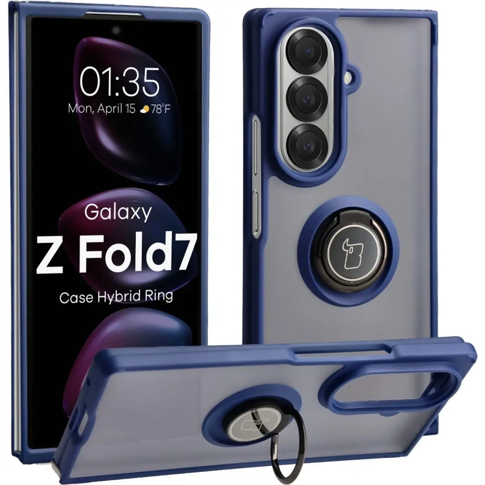 Etui z uchwytem na palec Bizon Case Hybrid Ring do Samsung Galaxy Z Fold7 przydymione z ciemnoniebieską ramką