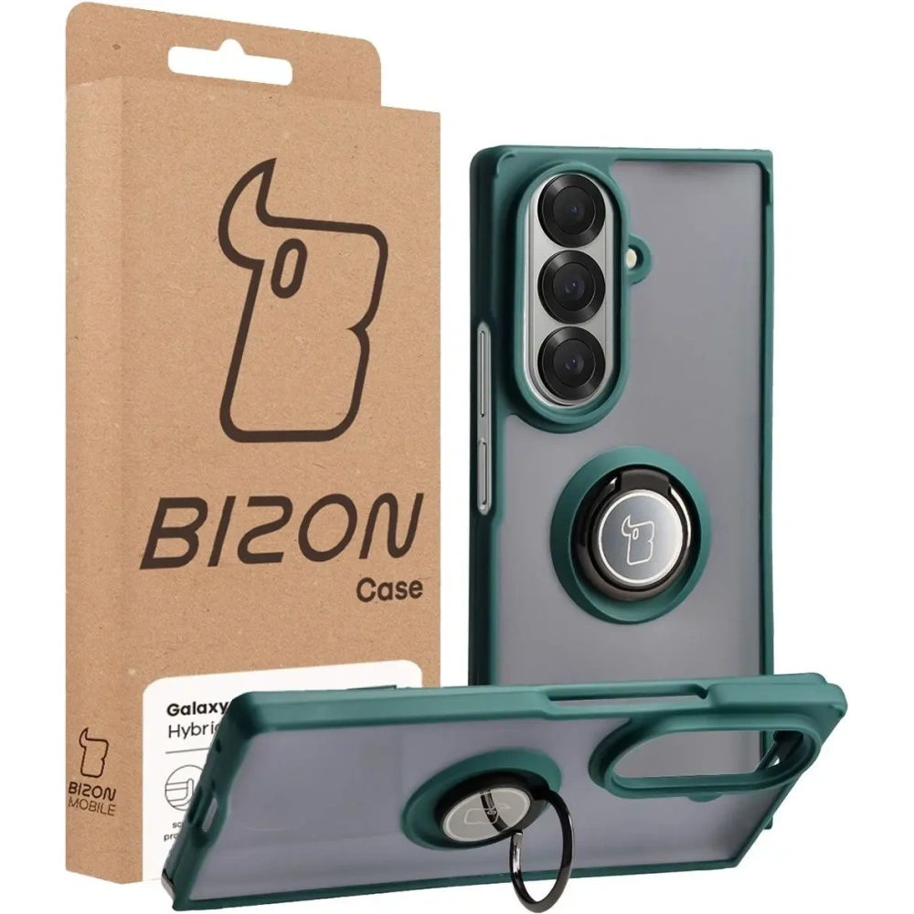 Etui z uchwytem na palec Bizon Case Hybrid Ring do Samsung Galaxy Z Fold7 przydymione z ciemnozieloną ramką