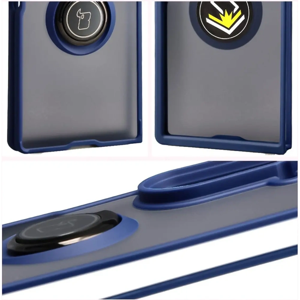 Etui z uchwytem na palec Bizon Case Hybrid Ring do Samsung Galaxy Z Fold7 przydymione z ciemnoniebieską ramką