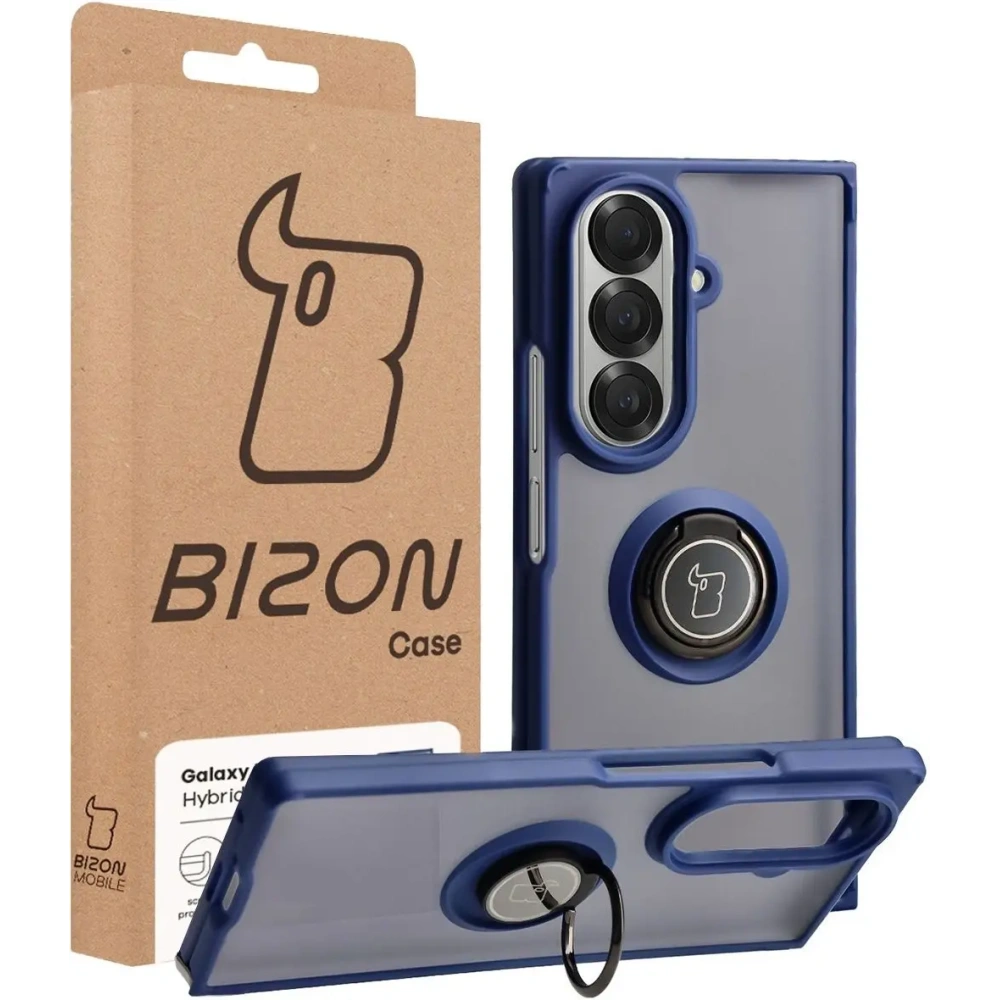 Etui z uchwytem na palec Bizon Case Hybrid Ring do Samsung Galaxy Z Fold7 przydymione z ciemnoniebieską ramką