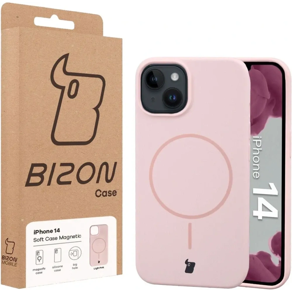 Silikonowe etui z pierścieniem magnetycznym Bizon Soft Case Magnetic do Apple iPhone 14 jasnoróżowe