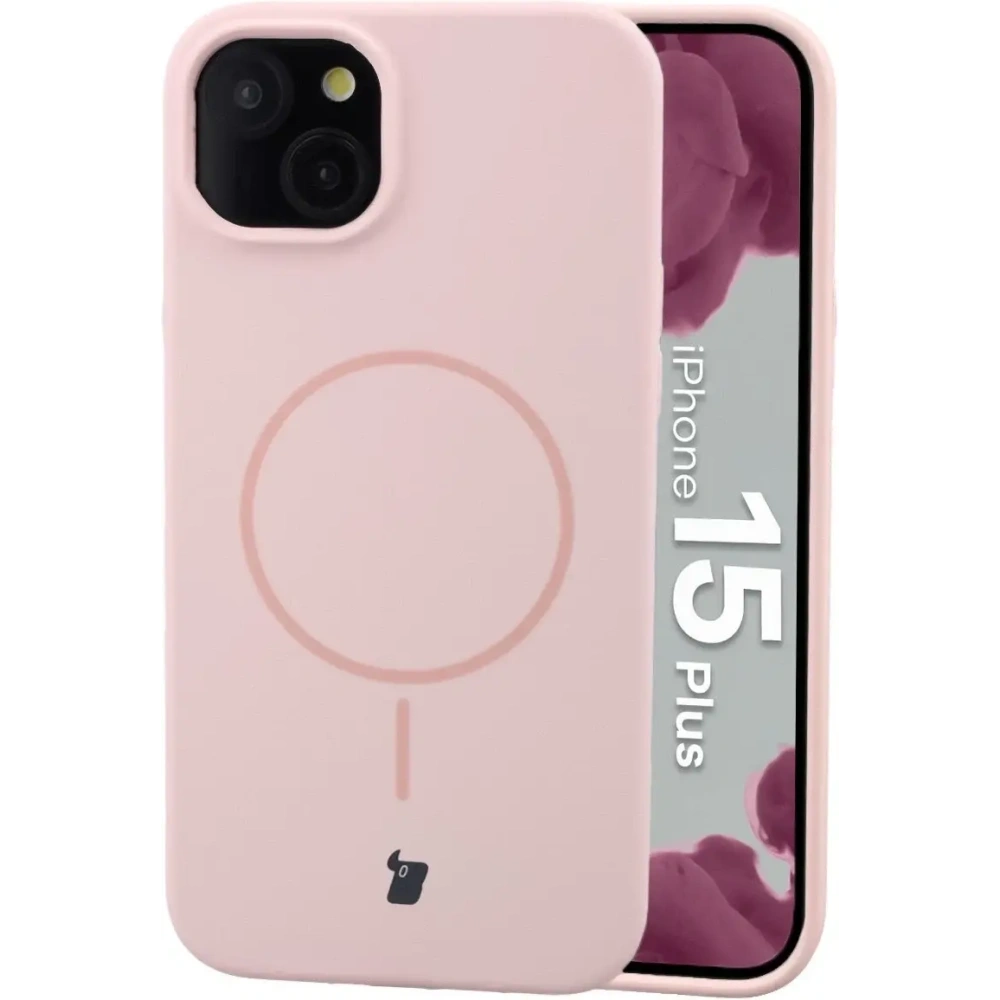 Silikonowe etui z pierścieniem magnetycznym Bizon Soft Case Magnetic do Apple iPhone 15 Plus jasnoróżowe