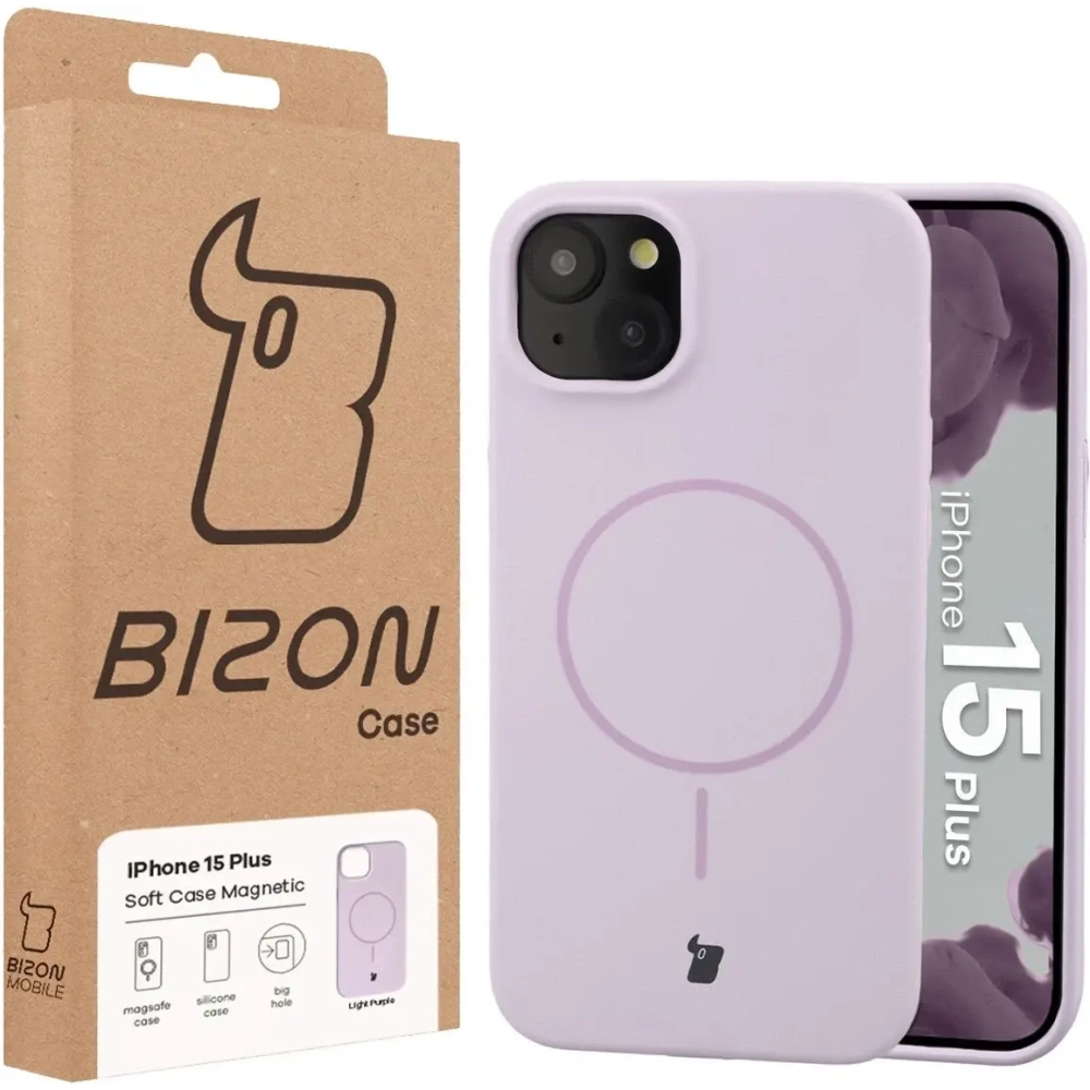 Silikonowe etui z pierścieniem magnetycznym Bizon Soft Case Magnetic do Apple iPhone 15 Plus jasnofioletowe