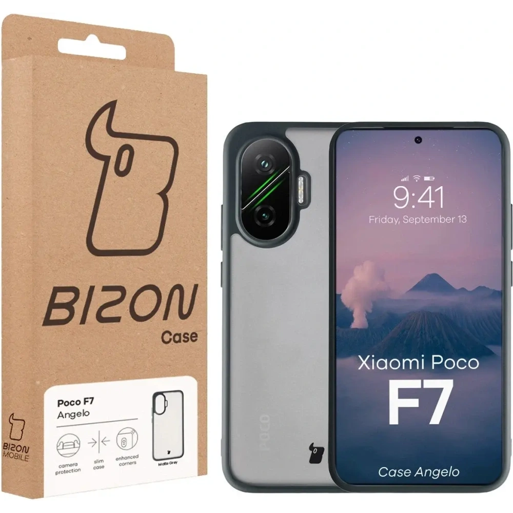 Etui Bizon Case Angelo do Xiaomi POCO F7 półprzezroczyste z szarą ramką