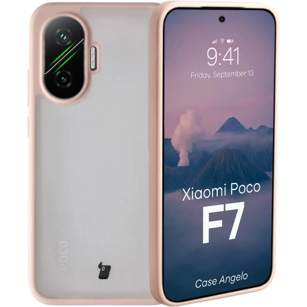 Etui Bizon Case Angelo do Xiaomi POCO F7 półprzezroczyste z różową ramką