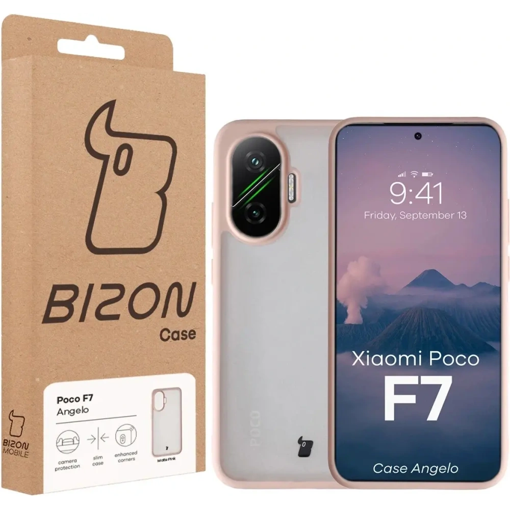 Etui Bizon Case Angelo do Xiaomi POCO F7 półprzezroczyste z różową ramką