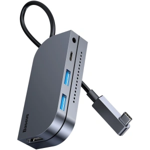 Adapter 6w1 Baseus Bend Angle, Hub USB-C 2x USB 3.0 + HDMI 4K + microSD + USB-C PD + mini jack 3,5mm (szary)