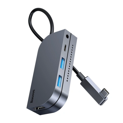 Kup Adaptér 6w1 Baseus Bend Angle, Hub USB-C 2x USB 3.0 + HDMI 4K + microSD + USB-C PD + mini jack 3,5mm (šedý) - BSU1543GRY - {ean13} - Sklep Home Screen