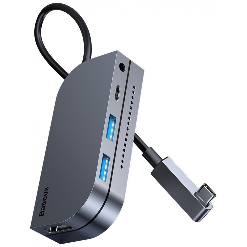 Buy Baseus Bend Angle Adapter 6in1, Hub USB-C 2x USB 3.0 + HDMI 4K + microSD + USB-C PD + mini jack 3,5mm (gray) - 6953156219694 - BSU1543GRY - Homescreen.pl