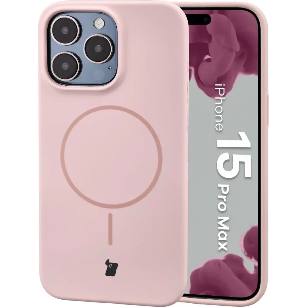 Silikonowe etui z pierścieniem magnetycznym Bizon Soft Case Magnetic do Apple iPhone 15 Pro Max jasnoróżowe