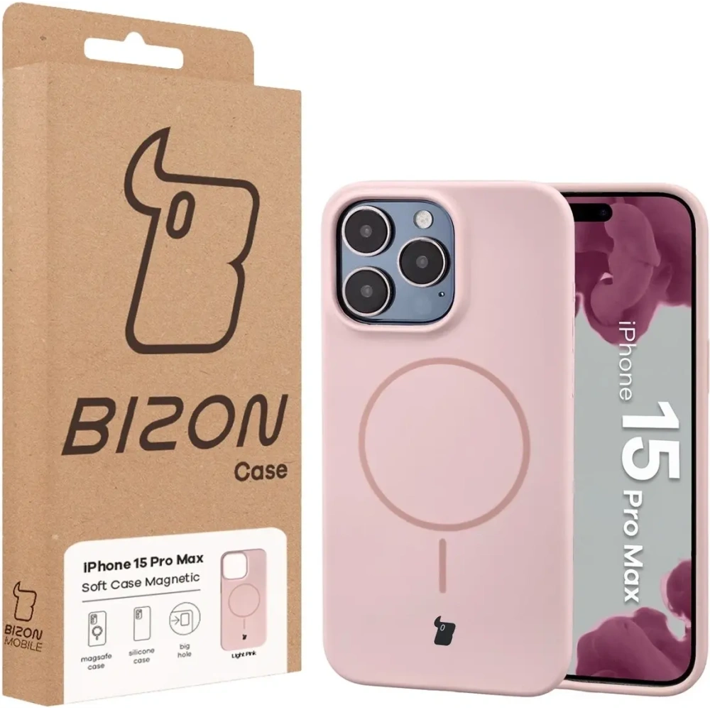 Silikonowe etui z pierścieniem magnetycznym Bizon Soft Case Magnetic do Apple iPhone 15 Pro Max jasnoróżowe