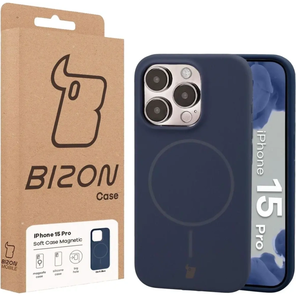 Silikonowe etui z pierścieniem magnetycznym Bizon Soft Case Magnetic do Apple iPhone 15 Pro granatowe