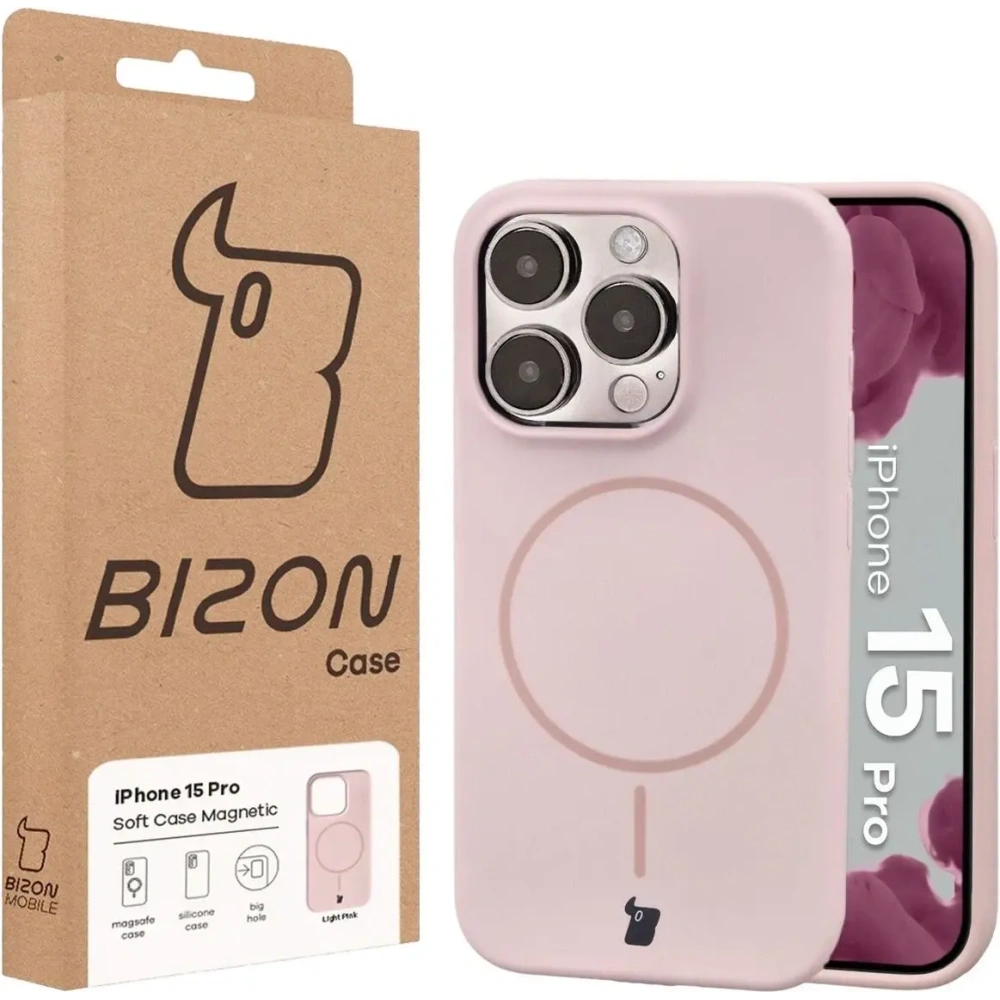 Silikonowe etui z pierścieniem magnetycznym Bizon Soft Case Magnetic do Apple iPhone 15 Pro jasnoróżowe