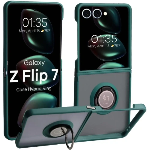 Etui z uchwytem na palec Bizon Case Hybrid Ring do Samsung Galaxy Z Flip7 przydymione z ciemnozieloną ramką