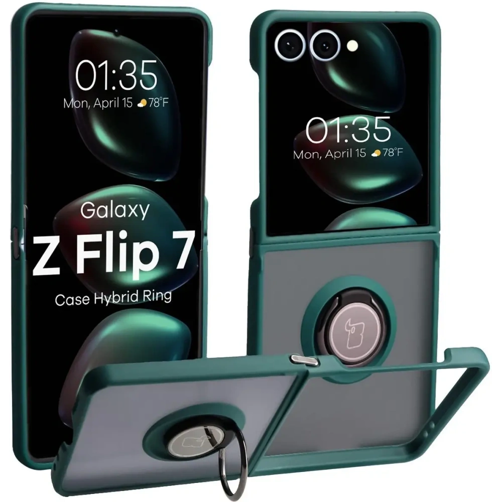 Etui z uchwytem na palec Bizon Case Hybrid Ring do Samsung Galaxy Z Flip7 przydymione z ciemnozieloną ramką