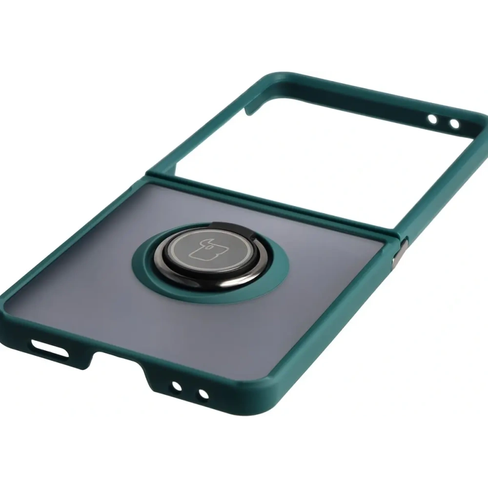 Etui z uchwytem na palec Bizon Case Hybrid Ring do Samsung Galaxy Z Flip7 przydymione z ciemnozieloną ramką