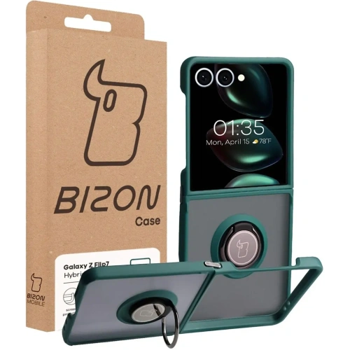 Etui z uchwytem na palec Bizon Case Hybrid Ring do Samsung Galaxy Z Flip7 przydymione z ciemnozieloną ramką