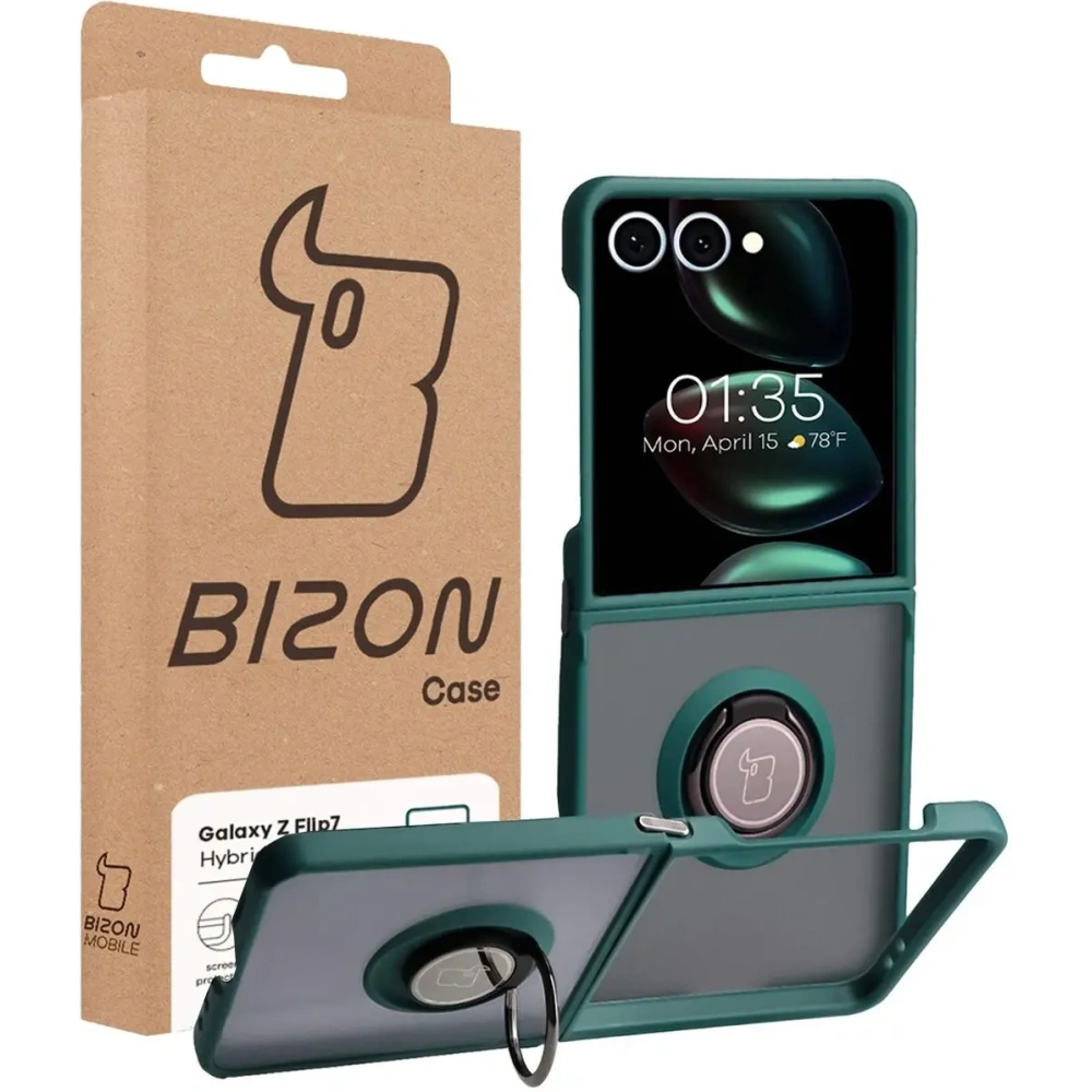 Etui z uchwytem na palec Bizon Case Hybrid Ring do Samsung Galaxy Z Flip7 przydymione z ciemnozieloną ramką