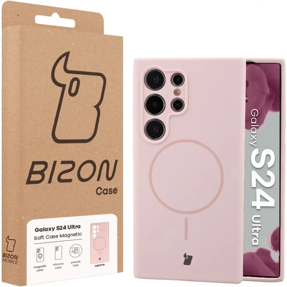 Silikonowe etui z pierścieniem magnetycznym Bizon Soft Case Magnetic do Samsung Galaxy S24 Ultra jasnoróżowe