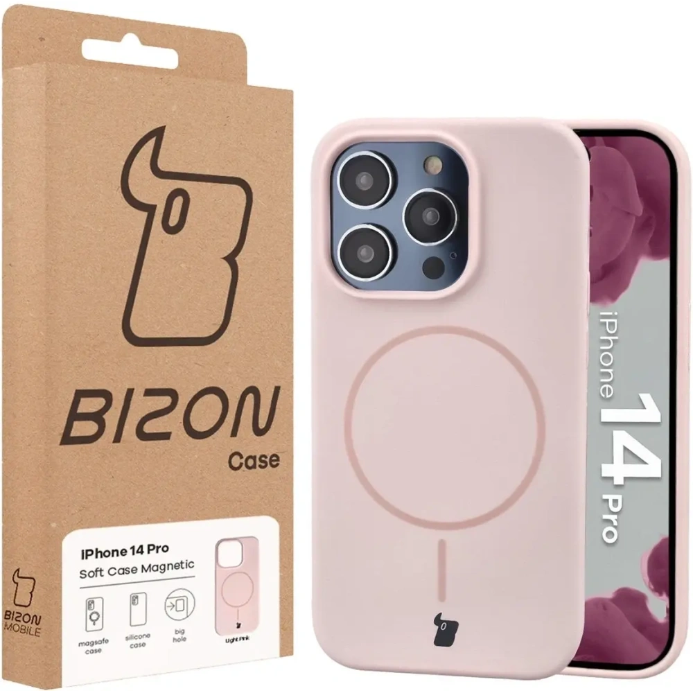 Silikonowe etui z pierścieniem magnetycznym Bizon Soft Case Magnetic do Apple iPhone 14 Pro jasnoróżowe
