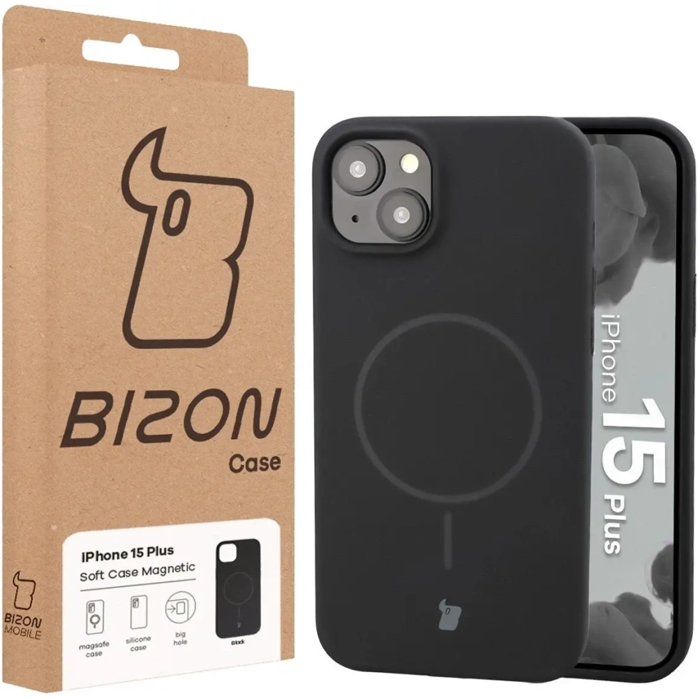 Silikonowe etui z pierścieniem magnetycznym Bizon Soft Case Magnetic do Apple iPhone 15 Plus czarne