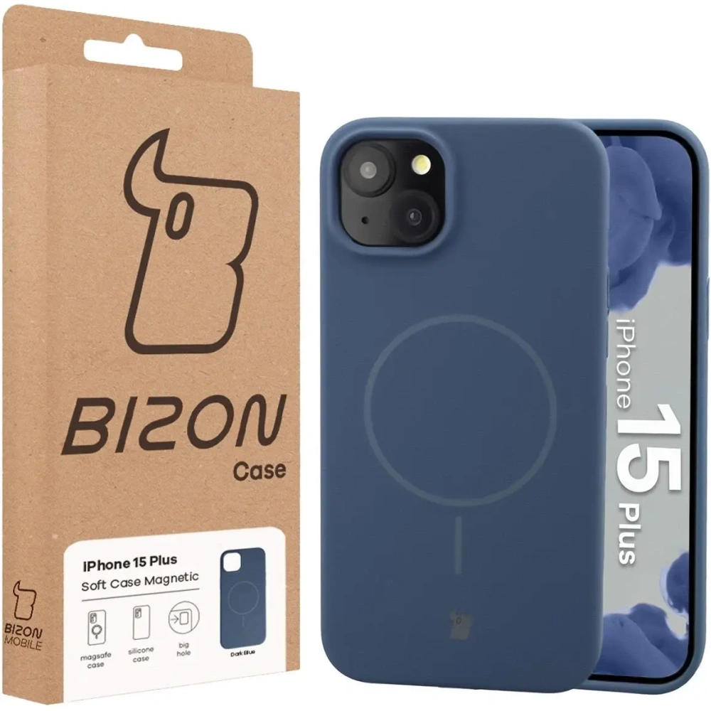 Silikonowe etui z pierścieniem magnetycznym Bizon Soft Case Magnetic do Apple iPhone 15 Plus granatowe