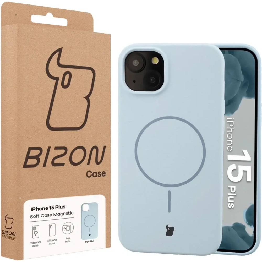 Silikonowe etui z pierścieniem magnetycznym Bizon Soft Case Magnetic do Apple iPhone 15 Plus błękitne
